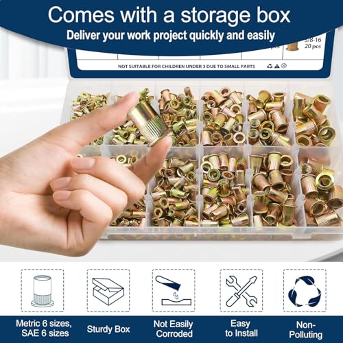 SAE & Metric Rivet Nut Assortment Kit 920 Pcs,Zinc Plated Rivnut - color: Yellow, size: SAE & Metric Assortment - 920 Pcs