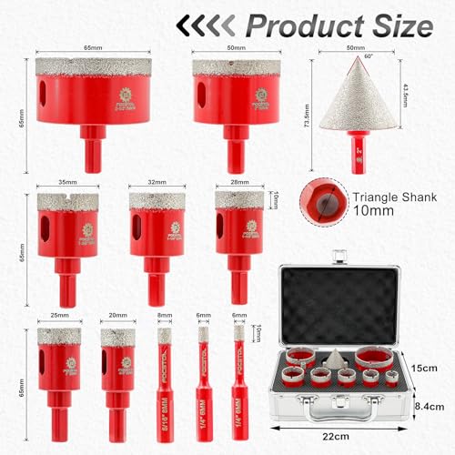 Diamond Core Drill Bits Set - FOCSTOL 11pcs (6/6/8/20/25/28/32/35/50/65mm+50mm Beveling Chamfer Bit) Hole Saw Kit with Triangle Shank for Porcelain Tile Ceramic Granite Marble - size: KIT9