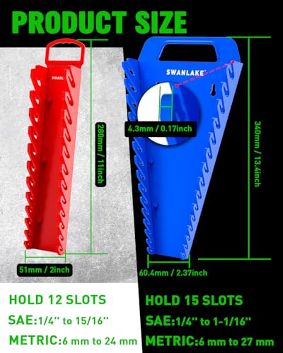 SWANLAKE 4-Pack Magnetic Wrench Organizer Toolbox Holder, 2PCS 15-Slot and 2PCS 12-Slot Wrench Organizers, SAE & Metric Ratchet Holders for Tool Box - style: 54-Slot Red&Blue