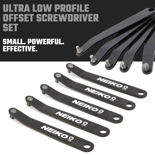 NEIKO 01325A Ultra Low Profile Offset Screwdriver Torx Set, 5 Pc, Heavy Duty S2 Steel Construction, 10mm Bit Depth, Angled Hex Bit, Bent Screwdriver for Tight Spaces, Allen Wrench Keychain - style: Torx