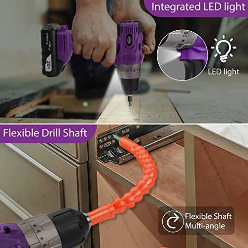Purple Brushless Cordless Drill Set, 20V Compact Power Driver Kit with Electric Motor, 20+3 Torque Setting, 48 N.m, 2 Variable Speed, 23pcs Driver Bits, and Tool Box for Women Men Home DIY