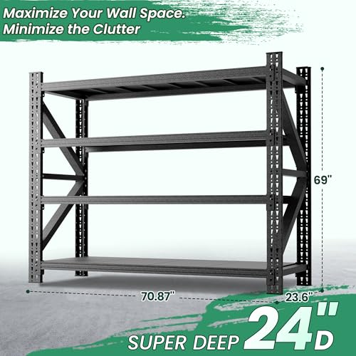 4-Tier Heavy Duty Garage Shelving,Industrial Shelving for Home & Business,Garage Storage Racks Heavy Duty Steel Shelves,Ultra-Wide Metal Rack for Garage Walls,Workshop,Office,Basement - color: Black, size: 24"D*71"W*69"H