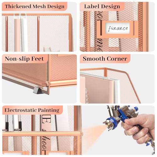 SUPEASY Desk Organizers Metal Desk Magazine File Holder with 5 Vertical Compartments Rack File Organizer for Office Desktop, Home Workspace, Rose Gold, Plus - color: Rose Gold, size: Large