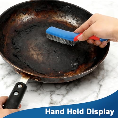 4-Pack Heavy Duty Wire Brush and Scraper Set, 3 Stainless Steel Scratch Brushes & 1 Metal Scraper for Aggressive Cleaning, Rust, Paint Removal, Grill, Kitchen, Auto, DIY with Non-Slip Handle