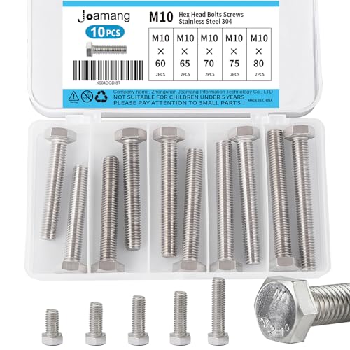 M10 x 60mm 65mm 70mm 75mm 80mm Hex Bolts, Hexagon Head Screws, 304 Stainless Steel(A2-70), Metric Fully Thread, Bright Finish, Assortment Kit 10PCS - size: M10x60-80mm(10PCS)