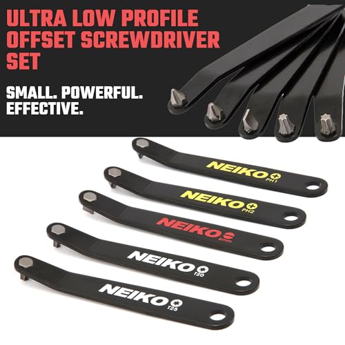 NEIKO 01322A Ultra Low Profile Offset Screwdriver & Torx Set, 5 Pc, Heavy Duty S2 Steel Construction, SAE, 10mm Bit Depth, Angled Hex Bit, Bent Screwdriver for Tight Spaces, Allen Wrench Keychain - style: Screwdriver + Torx