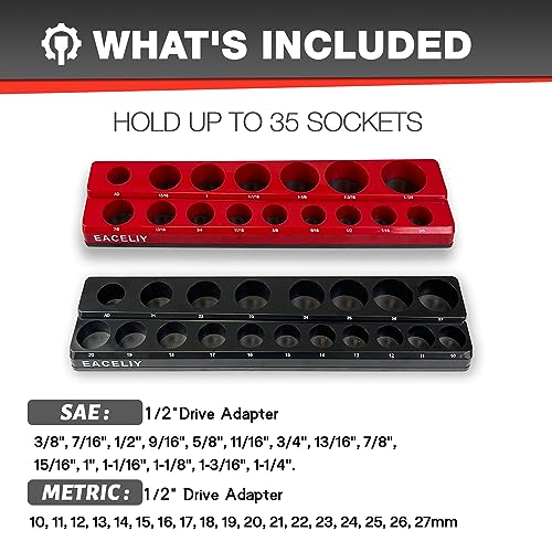 EACELIY Magnetic Socket Organizer Set,SAE & Metric Socket Holder Kit,，Tools tray， holds 35 Deep and Shallow 1/2" Sockets, attaches to steel box/tool cart (sockets not included) 丨2PC 1/2" - size: 2PCS 1/2inch