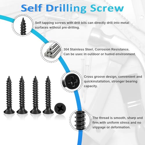 100PCS #6 x 1 Black Wood Screws, Flat Head Stainless Steel Sheet Metal Screws, Fast Self Tapping Screws for Deck Drywall Concrete Screws with Screwdriver Bit - style: Black #6X1" Flat Head 100PCS