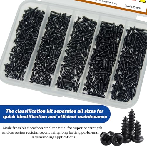 500Pcs M1.4 Phillips Pan Head Self-Tapping Wood Screws, 5 Sizes Cross Recessed Round Head Self Tapper Screws Assortment Kit for Wood, Plastic and Soft Metal, Carbon Steel, Sharp Point - size: M1.4x4/5/6/7/8-500Pcs
