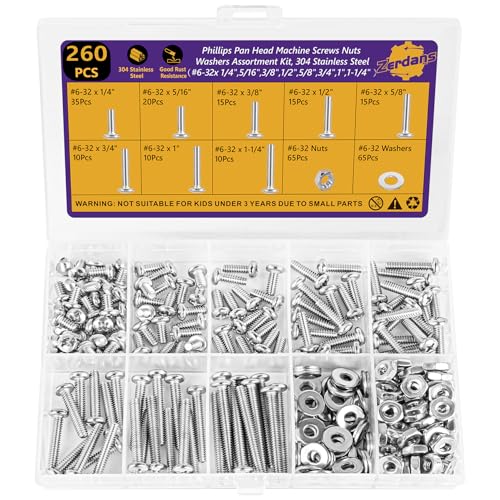 260Pcs #6-32 Machine Screws Kit,1/4"–1-1/4",304 SS,Nuts & Washers - size: #6-32（1/4" to 1-1/4" ）