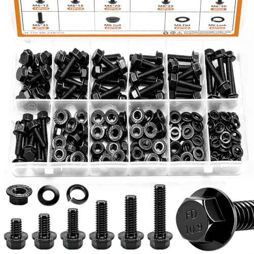 mankk 248PCS Metric Flange Hex Bolts and Nuts Kit M6x1.0 Bolt (12mm to 35mm) Grade 10.9 Black Alloy Steel Class Hex Bolts and Nuts Washers Kit for Automotive - color: Black-248PCS M6