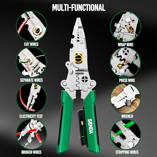 12 in 1 Foldable Wire Stripper with Electricity Measurement Function & Dual Alarms Multifunctional Professional Electrician's Pliers Cable Stripping Pliers (Green, Wire Stripper (Centre Split) 8.5") - size: Wire Stripper (Centre Split) 8.5"