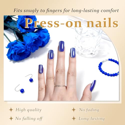 Cat Eye Press On Nails - Glitter Cobalt Blue Medium Square Magnetic Acrylic Fake Nails, Stylish Design, Salon-Quality Shiny Finish, Reusable Stick On Nails Kit for Women (No Glue Included) - color: ZF151-2, size: 24 pieces (Pack of 1)