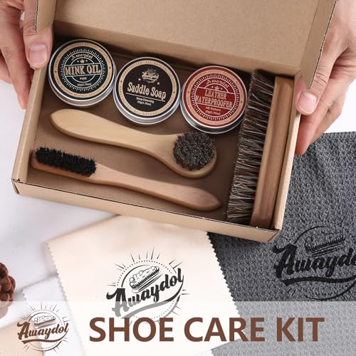 11 PCS Leather Care Kit - Horsehair Brushes,Saddle Soap,Waterproofing Wax,Mink Oil Conditioner,Polishing Cloth,Microfiber cloth,Boot Shoe Shine Cleaning Kit Gift for Men Cowboy Husband Dad