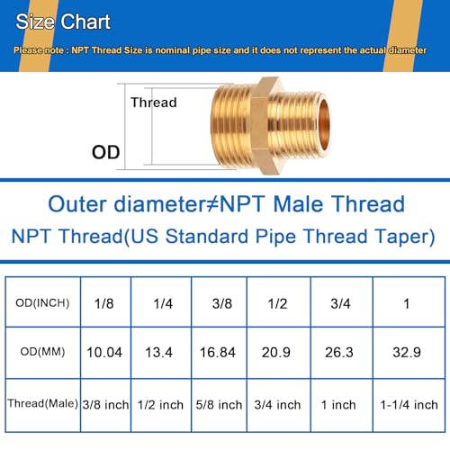 3/4" NPT to 1/2" NPT Brass Reducer Fitting, 4-Pack Solid Brass Hex Nipple | Solid forged brass, ASTM B584, 300 PSI rated. 3/4 male x 1/2 male NPT adapter for HVAC, pneumatic and air compressor systems - size: 3/4"NPT x 1/2" NPT Male