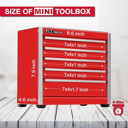 P.I.T. Mini Tool Box,Small Metal Toolbox Organizer with 5 Drawers,Red | 8.6"W X 4.6"D Cute Size,Q235 Steel,Magnetic Locking Mechanism,PVC Drawer Liners - color: Red, size: 5-Drawer