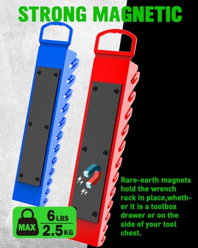 SWANLAKE 2-Piece Magnetic Wrench Organizer Toolbox Holder, SAE (1/4'' to 15/16''), Metric (6mm to 24mm) Ratchet Wrench Organizers, Total Hold 24 Slots Wrenches Holder for Tool Box - style: 24-Slot Red&Blue