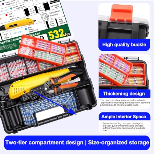 532PCS Heat Shrink Solder Seal Wire Connectors Kit with Mini Heat Gun, Solder Stick Wire Connectors Waterproof Wire Electrical Connector Kit for Marine, Automotive, Boat, Truck (26-6 Gauge) - size: 532PCS