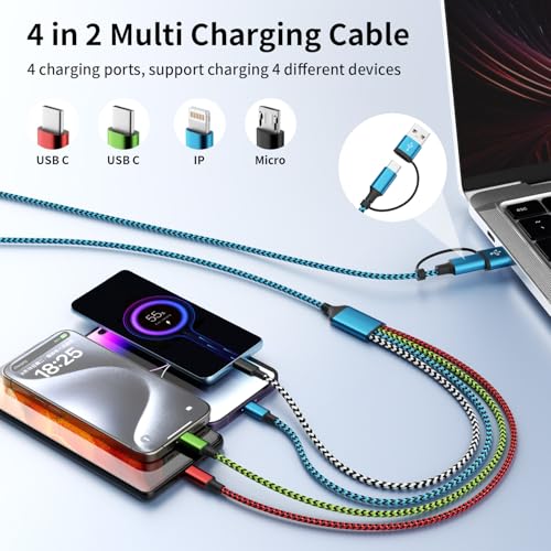 4 in 2 Multi Charging Cable, USBA/C Universal Charging Cords 2 Pack 5FT - color: Green&Red&Blue&White