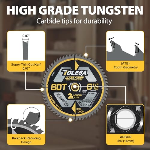 TOLESA 6 1/2 Circular Saw Blades, 60T for Wood and Plywood, 3-Pack - size: 6-1/2'', style: 60T