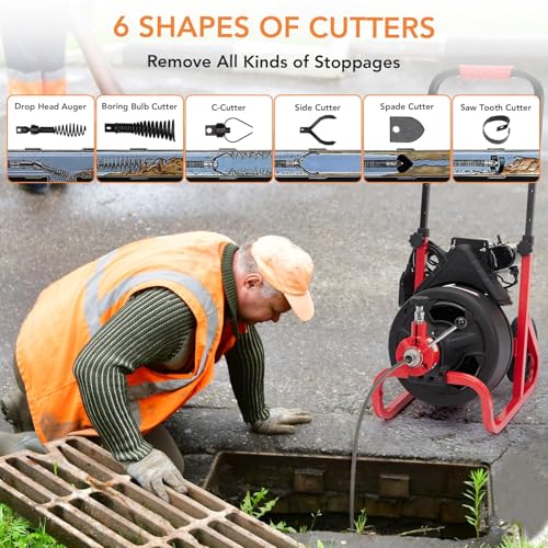 Drain Cleaner Machine, 100 ft X 3/8 in Drain Auge, Auto-feed Professional 6.8A Electric Drain Auger, Air-Activated Foot Switch, w/ 6 Cutters, Gloves, Cleaner Sewer Snake - style: 100FT 3/8"