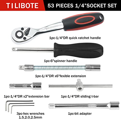 TILIBOTE Socket Wrench Set, 53PCS 1/4 Inch Ratcheting Wrench Set And Extension Bar Gimbal Slide Bar Extension Sockets, Set For Automotive Repair And Home Use. - size: 1/4"