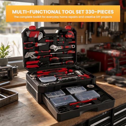 NEWBULIG 330-Piece Complete Tool Box Set, Durable Homeowners Tool Kit with Pull-Out Drawer, Versatile Home Repair Kit for Auto & Household, DIY Projects, Black-Red - color: Black Red, size: 15.7