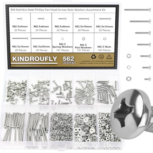 562 Pieces M2.5 x 4/6 /8/10 /12/16 /20mm Phillips Pan Head Machine Screws Nuts Washers Assortment Kit, 304 Stainless Steel, Fully Machine Thread - size: M2.5