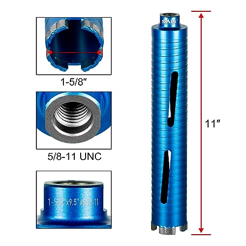 SALI Diamond Core Drill Bits 1 5/8" Diameter 10"/254mm Drilling Depth 5/8-11" Thread Core Bit Turbo Laser-Welded Segments for Cured Concrete with, Brick, Block, Masonry, with Two Adapters - size: 1 5/8 inch