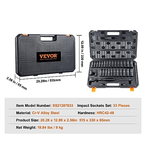 VEVOR Impact Socket Set 1/2" Drive, 33-Piece SAE (3/8 to 1 inch) & Metric (10 to 24 mm) Size, CR-V, 6 Point Standard Deep Socket Set with Extension Bar, Universal Joint, Adapter, Reducer - size: 1/2" 33 PCS