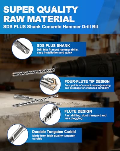 SDS Plus Carbide Cross Tip Concrete Drill Bit - 3/16"*2/1/4"*3/5/16"*2/3/8"*2/1/2" SDS-Plus Hammer Drill Set for Concrete, Brick, Stone & Masonry - 6" Length (10-Piece) - size: 3/16"/1/4"/5/16"/3/8"/1/2"x6"