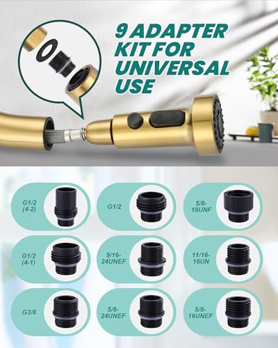 ARCORA Pull Down Kitchen Faucet Head Replacement with 13 Adapters, 3 Modes - color: Brushed Gold