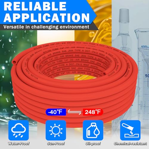 CheeMuii 76 Pcs Brass DOT Air Line Fittings with 1/4" & 3/8" DOT Air Hoses - size: 2ROLL-80PCS-RED