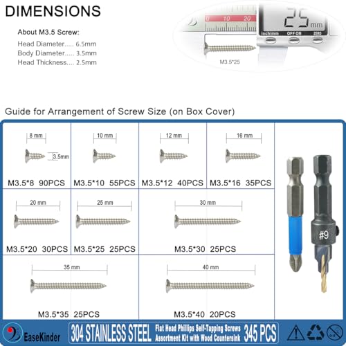 345PCS Flat Head Phillips Wood Screws Assortment Kit, 304 Stainless Steel Self-Tapping Screw with Adjustable Wood Countersink (SS304 M3.5) - size: SS304 M3.5