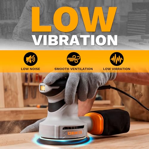 Random Orbital Sander: DEKOPRO 5" Corded 3.0 Amps Electric Sander with Dust Box, 6 Various Speeds Adjustable Palm Sander with Dust Box, 16Pcs Sandpapers for Woodworking & Sanding-Yellow