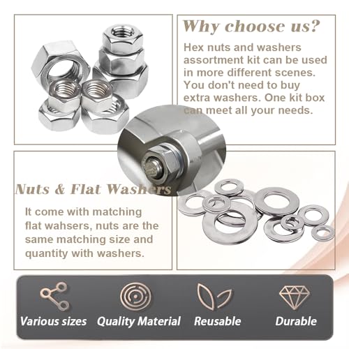 Dianrui 310PCS SAE Hex Nuts Assortment Kit with Flat Washers, 10 Size 304 Stainless Steel Hexnut Set Hardware Nuts #4-40,#6-32,#8-32,#10-24,#10-32,#12-24,1/4''-20,5/16''-18, 3/8''-16,1/2''-13 - size: 310PCS SAE Kit (#4-40—5/16''-18)