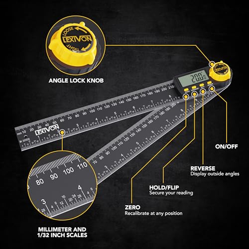 LEXIVON Aluminum Digital Angle Finder Gauge, 10-inch/250mm Multi-Purpose Protractor, Includes XL Display and Rugged Zippered Pouch (LX-DAF10) - size: 10 Inch