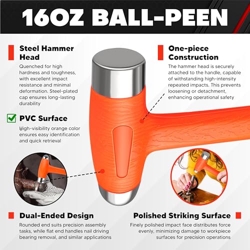 C&T Dead Blow Hammer Set, 3-Piece Kit, 1.5LB Dead blow, 12oz Brass Cap, 16oz Ball-Peen,Brass, No Rebound Design, Unibody Molded Checkered Grip, Home Repair & Garage Use - style: 3PC-1