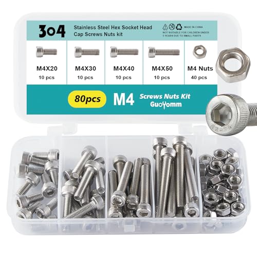M4 x 20mm 30mm 40mm 50mm Hex Socket Head Cap Screws Bolts and Nuts, Stainless Steel 304, Bright Finish, Metric Allen Drive, Fully Thread, Assortment Kit 80PCS - size: Socket M4x20-50mm+Nuts