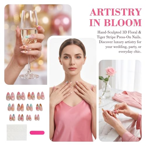 Summer Press On Nails Medium Almond with French Tip Flower Rhinestones - color: Style18
