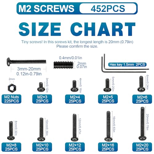 NINDEJIN M2 Button Head Socket Cap Bolts Screws, Metric M2 x 3/4/5/6/8/10/12/16/20mm Screws Bolts Nuts Assortment Kit, 452Pcs Allen Hex Drive, Black Oxide, 10.9 Carbon Steel, Fully Threaded - size: 452Pcs M2 3mm-20mm