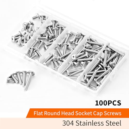 M4 x 8mm 12mm 16mm 20mm 25mm Flat Round Head Hex Socket Cap Screws Bolts, Furniture Screws, 304 Stainless Steel, Allen Hex Drive, Bright Finish, Metric Fully Threaded, Assortment Kit 100PCS - size: M4 x 8/12/16/20/25mm (100PCS)