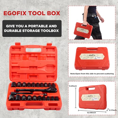 1/2" Drive Impact Socket Set, 23 Piece Metric (13-19, 21, 22, 24mm) and SAE (7/16 to 1 inch) Tool Set with 72 Tooth Reversible Ratchet, with Storage Box for Auto Repairing - color: 1/2-23pcs