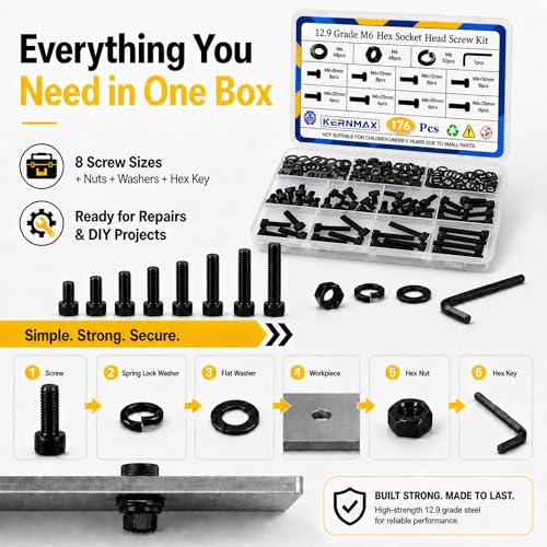 176PCS M6 Screws Assortment Kit, M6x8/10/12/16/20/25/30/35mm Hex Socket Head Cap Bolts Nuts & Washers Set, 12.9 Alloy Steel Black Oxide, M6 Screw Anti-Rust - size: M6 176pcs