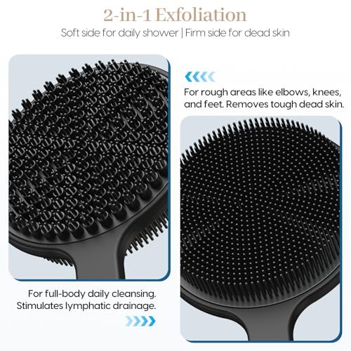 Back Scrubber for Shower & Face Scrubber, 2Pcs Silicone Exfoliating Brush Set with 17In Long Handle, Soft Body & Facial Cleansing Scrubber for Men Women - color: Back Scrubber
