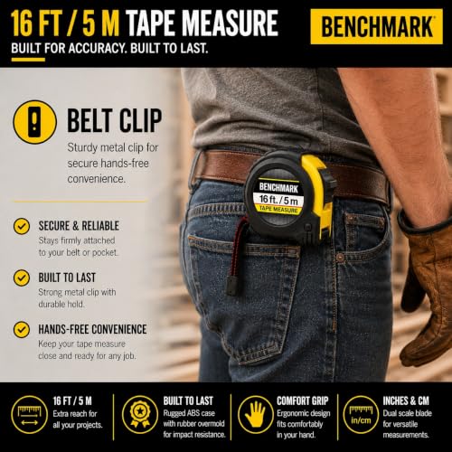 Benchmark - 4 Pack of 16ft Tape Measures - Retractable, Auto Lock, Metric and Imperial (feet and Centimeters), Tough Outer Shell Protection