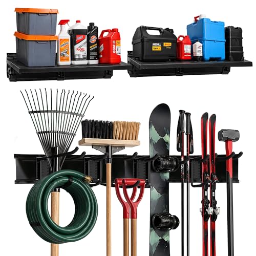 TIDYME Garage Tool Organizer Wall Mount 64", 2 Shelves & 4 Double Hooks - size: 64" (2 Shelves)