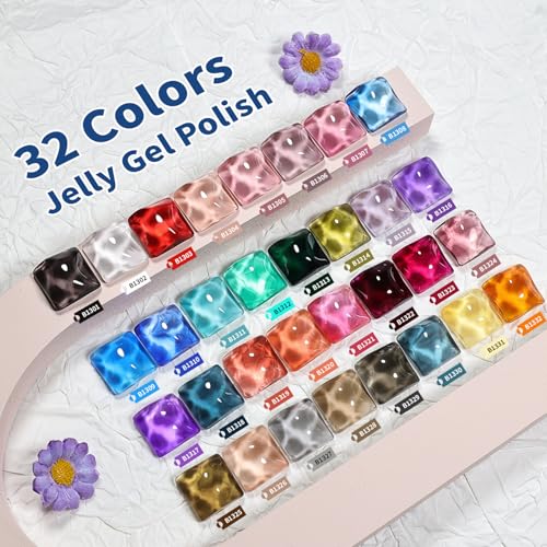 JODSONE 32 Colors Jelly Gel Nail Polish Kit with U V Light Crystal Transparent Classic Color 4 Functional Gel for All Seasons - color: KIT-16