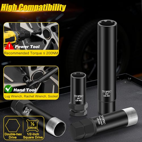 Topec 11PCS Master Lug Nut Key Set - 5, 6, 7, 10, 12 Spline Lug Nut Socket Set, Wheel Lock Removal Kit for Spline, Spike and Hex Style | Upgraded Reinforced Socket - size: 11 piece