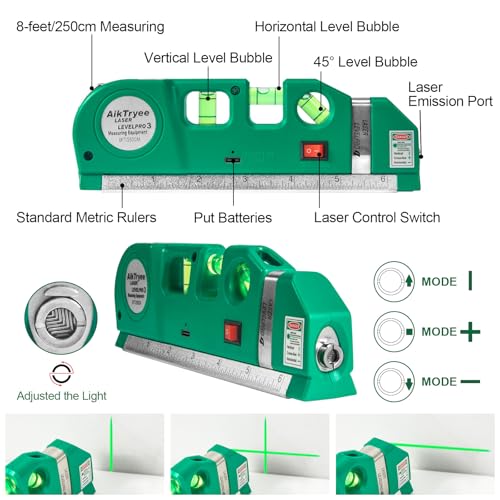 Level Tool Laser Level Leveler tool Cross Line Vertical and Horizontal Line with USB Rechargeable for Picture Hanging cabinets Tile Walls by AikTryee. - color: Green Laser